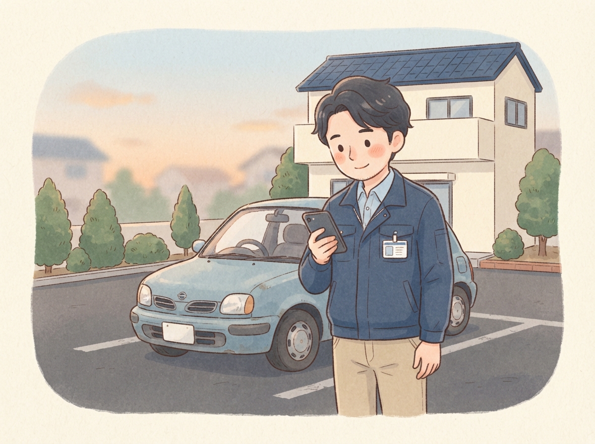 仕事帰りの駐車場で、スマホを見ながら車のローンのことを考えている作業着の男性