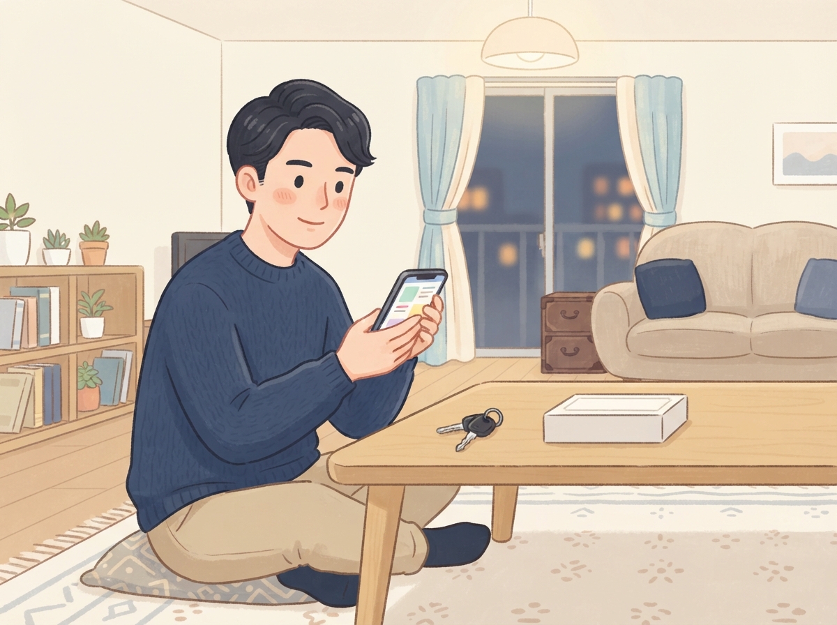 自宅のテーブルで、スマホを見ながら毎月払っているローンや分割払いを確かめている若い男性