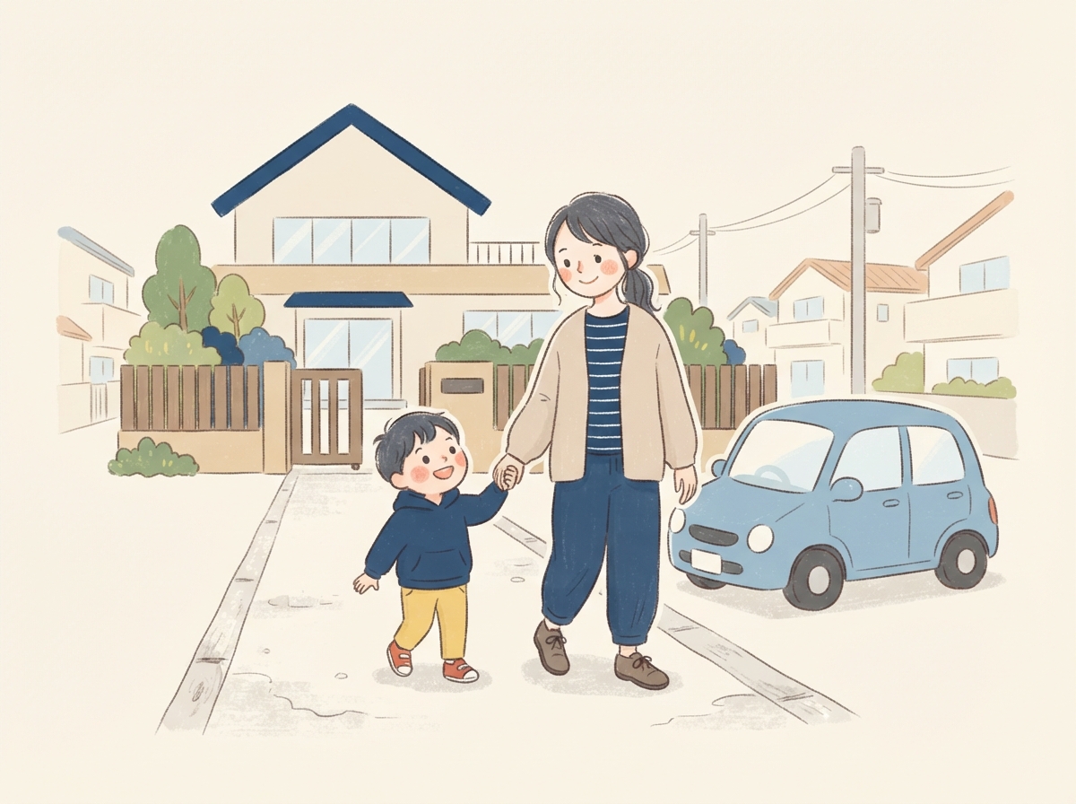 保育園の前で、子どもの手を引いて車へ向かう母親。送り迎えに車が欠かせない暮らしの場面
