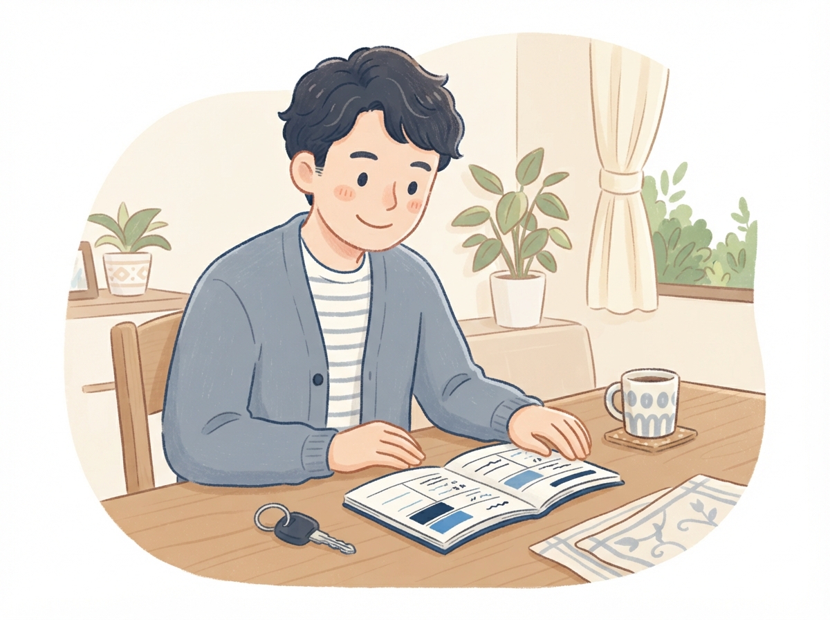 自宅のテーブルで、返済の予定を書いたノートと車の鍵を前に、これからを考える男性