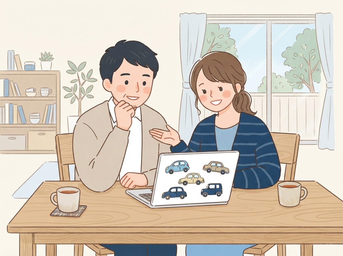 夫婦で中古車の写真をパソコンで見ながら、どの買い方にするか話し合っている場面