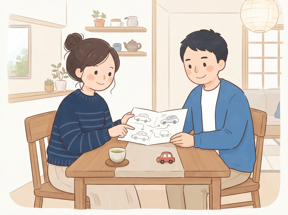 夫婦で並んで座り、どちらの名前で車のローンを申し込むか話し合っている場面