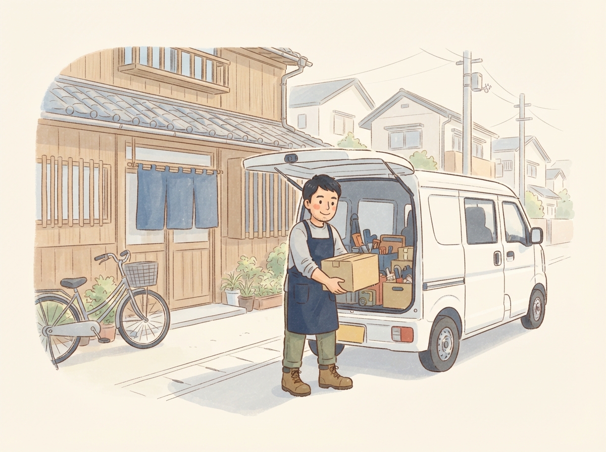 朝、仕事の道具を白いバンに積み込む個人事業主の男性