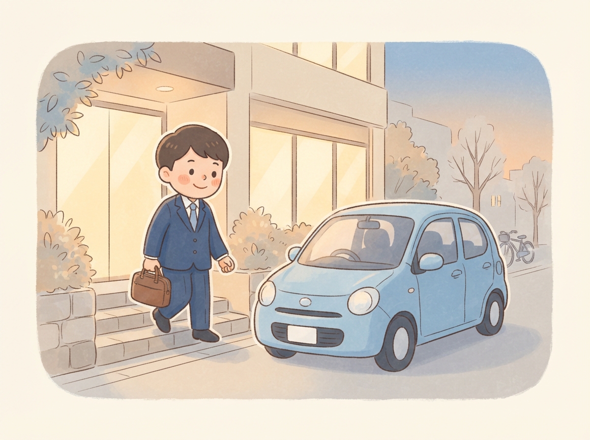 仕事帰りに、道に止まった小さな車を見て、自分の車を持つことを考える新社会人