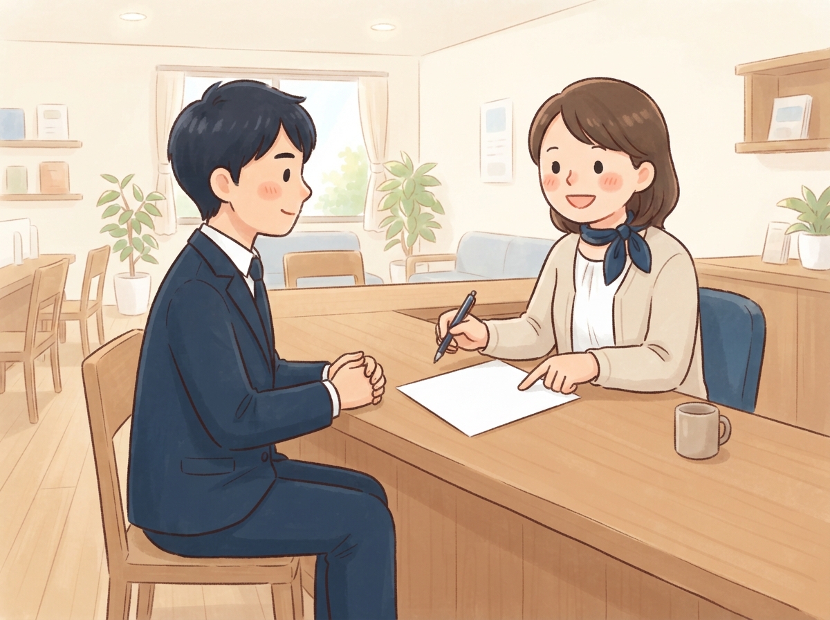 内定が決まった学生が、金融機関の窓口で車のローンを相談している様子
