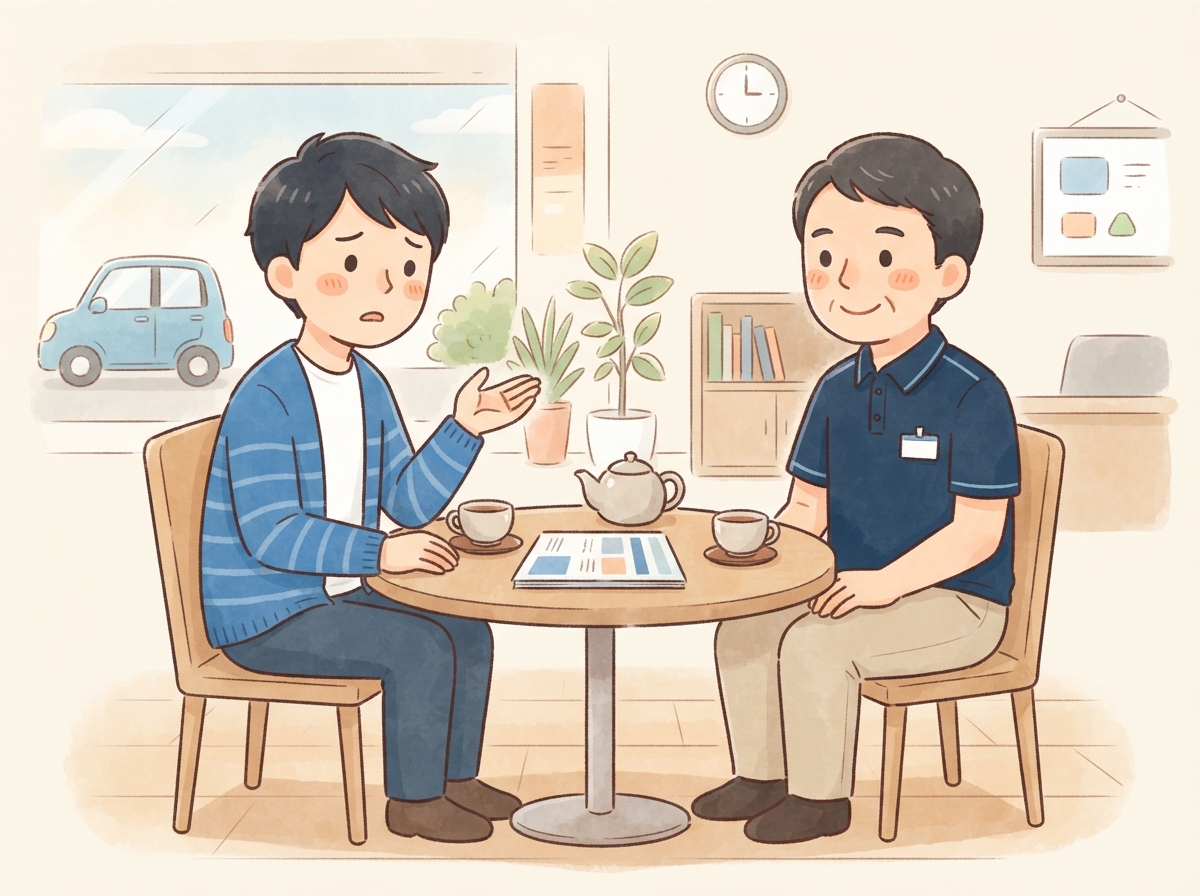 自社ローンの相談席で、気になることを店の人に聞いている男性