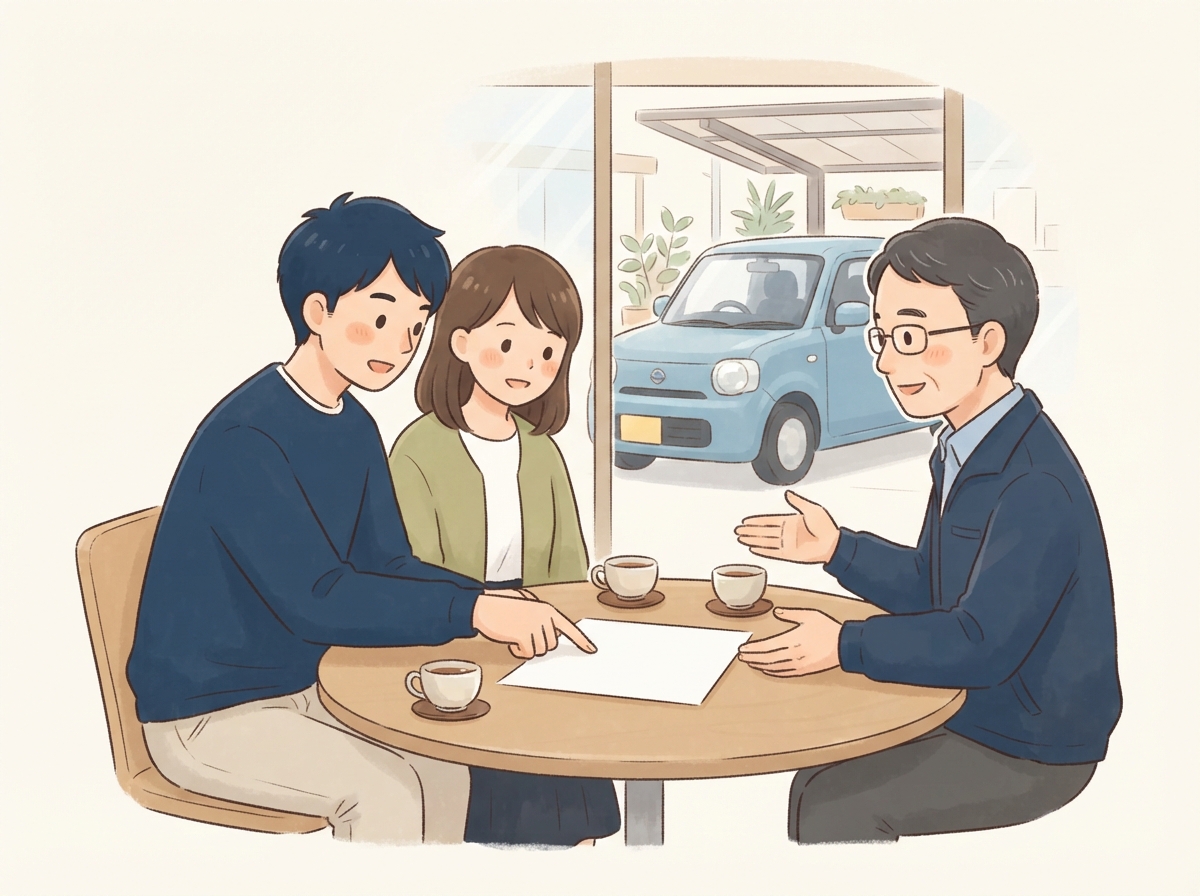 契約の前に、お店の人へ総額や遅れたときの扱いを質問しているお客さん
