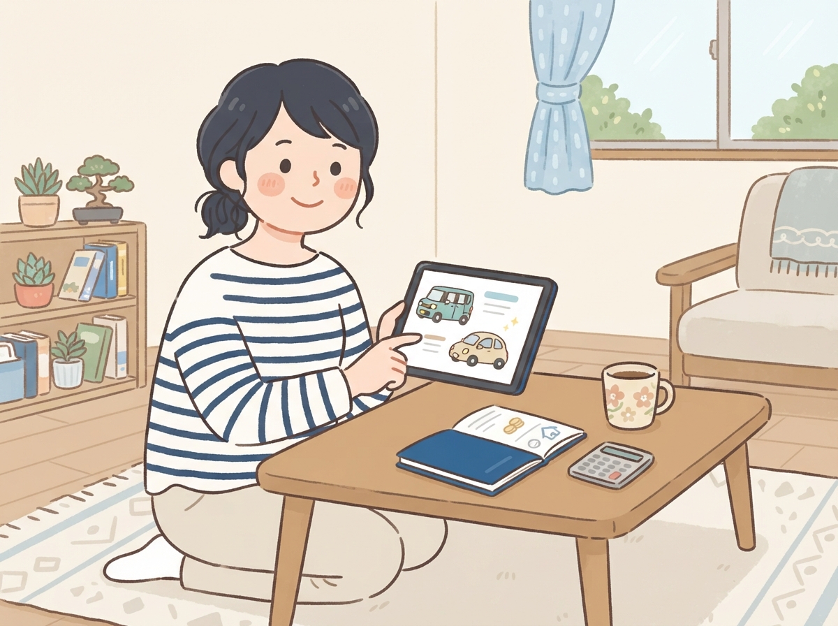 自宅でタブレットを見ながら、維持費の安い車を比べている女性
