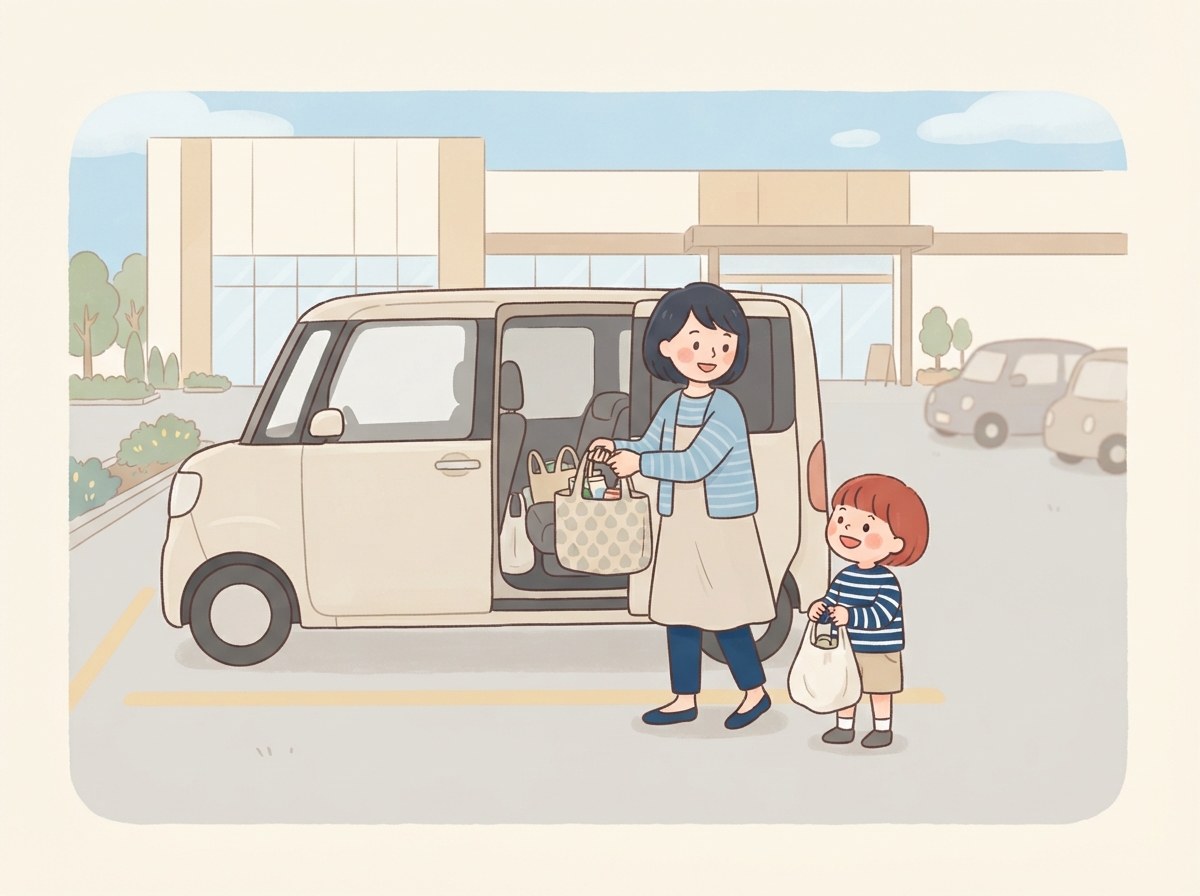 背の高い軽自動車に、子どもと買い物の荷物を積んでいる母親