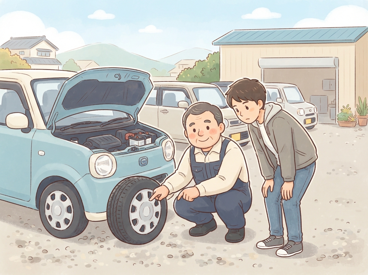 中古の軽自動車を買う前に、お店の人とタイヤやバッテリーの状態を確かめている様子