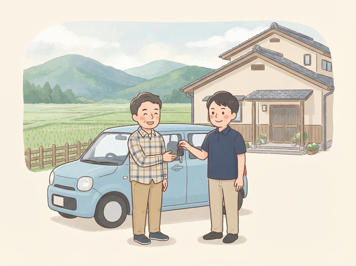 地方の家の前で、届いた軽自動車の鍵を受け取る男性