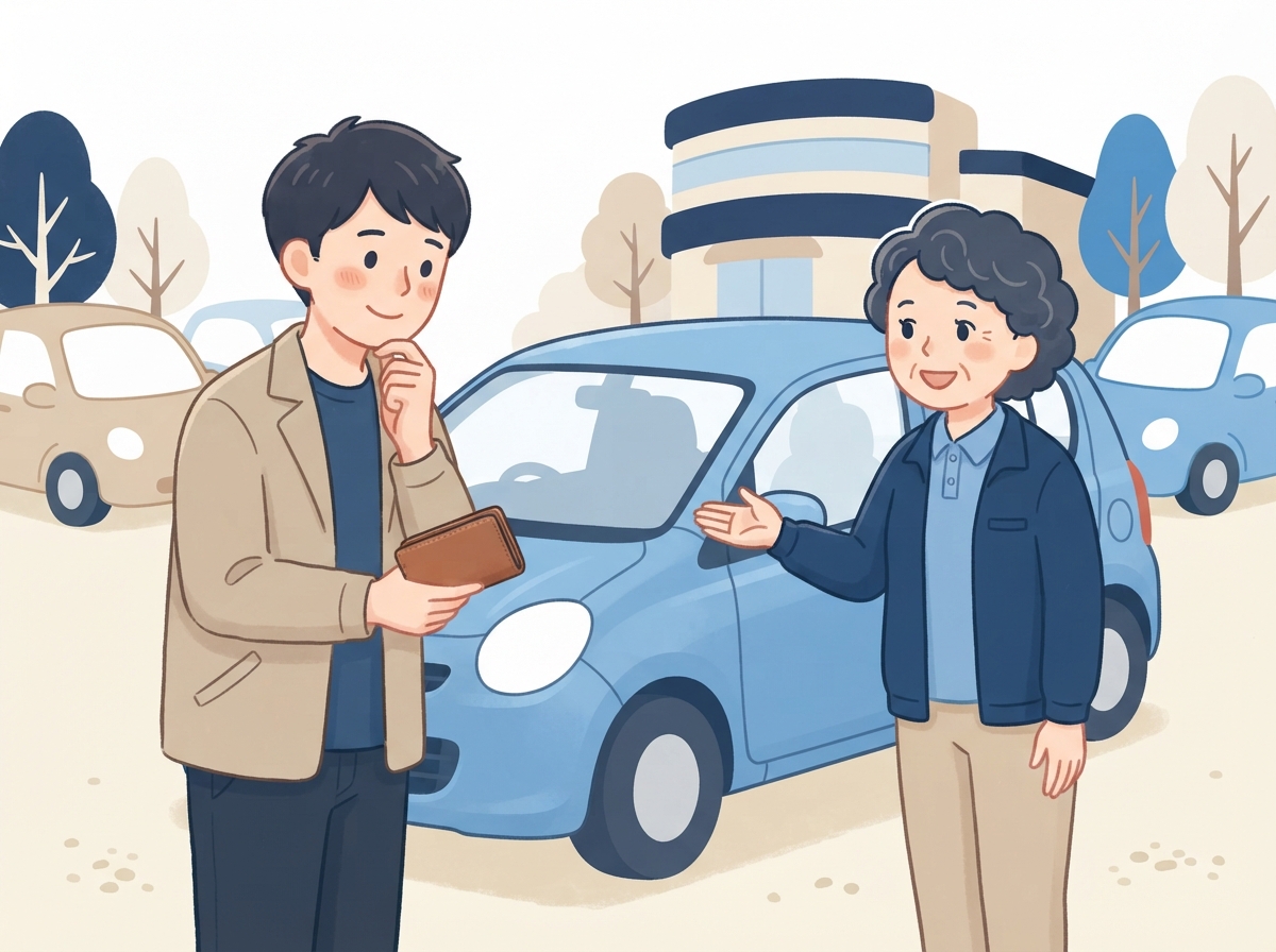 中古車店で、店の人と一緒に頭金なしで買える車を見ている男性