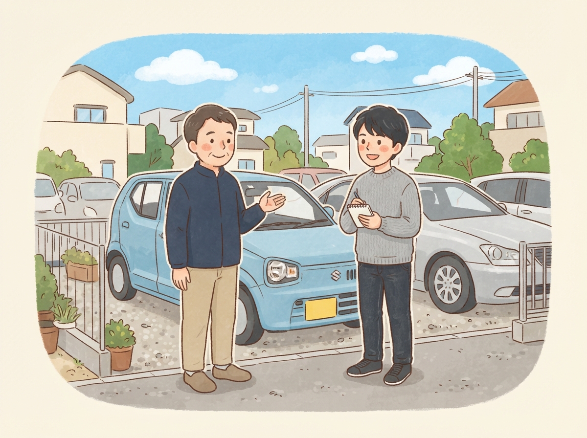 中古車店で、店の人と一緒に値段の手ごろな軽自動車を見比べる若い男性