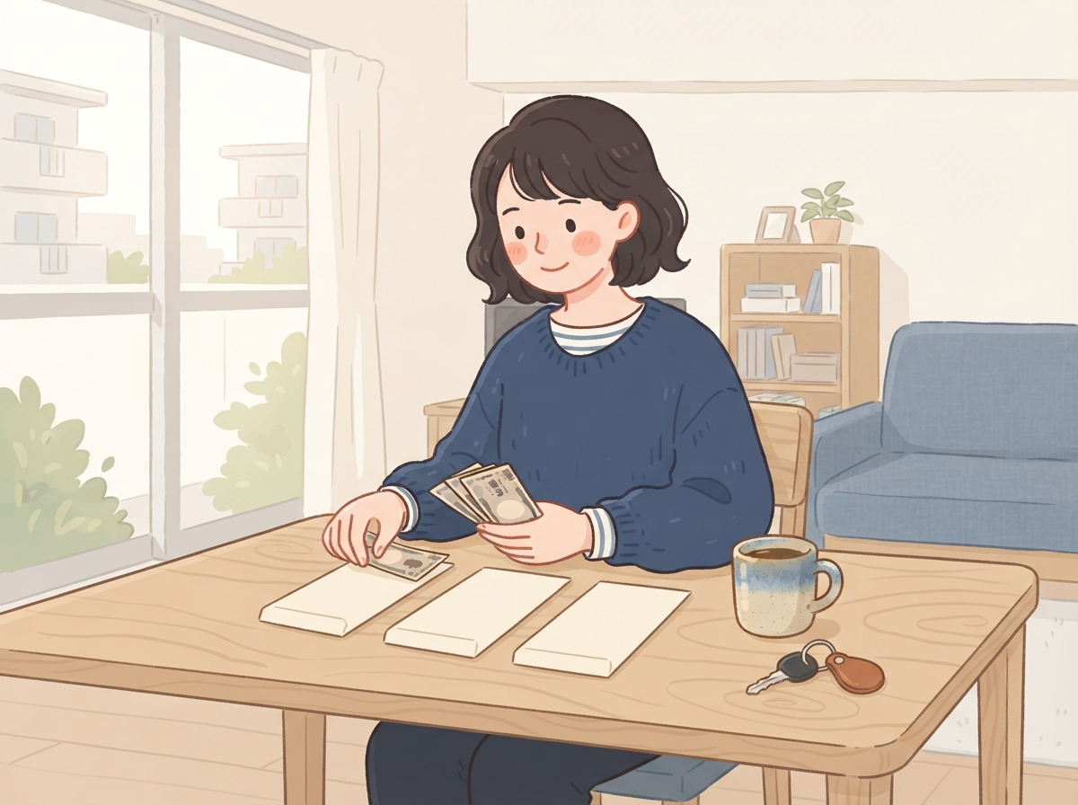 テーブルで、お金をいくつかの封筒に分けている女性