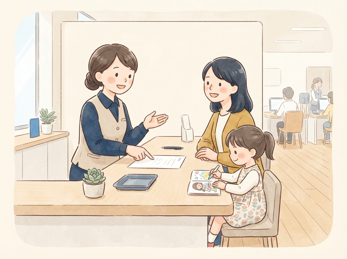 市役所の窓口で、子どもを連れて職員に相談している母親