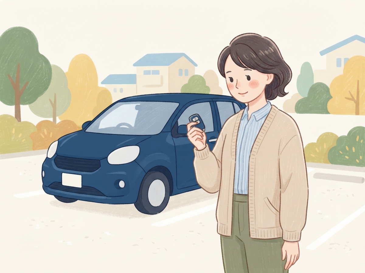 駐車場で、車の鍵を手にしてこれからのことを考える女性
