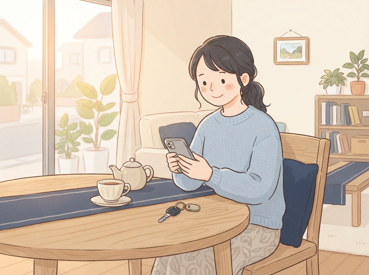 自宅のテーブルで、スマホを見ながら次の車のことを落ち着いて考える女性