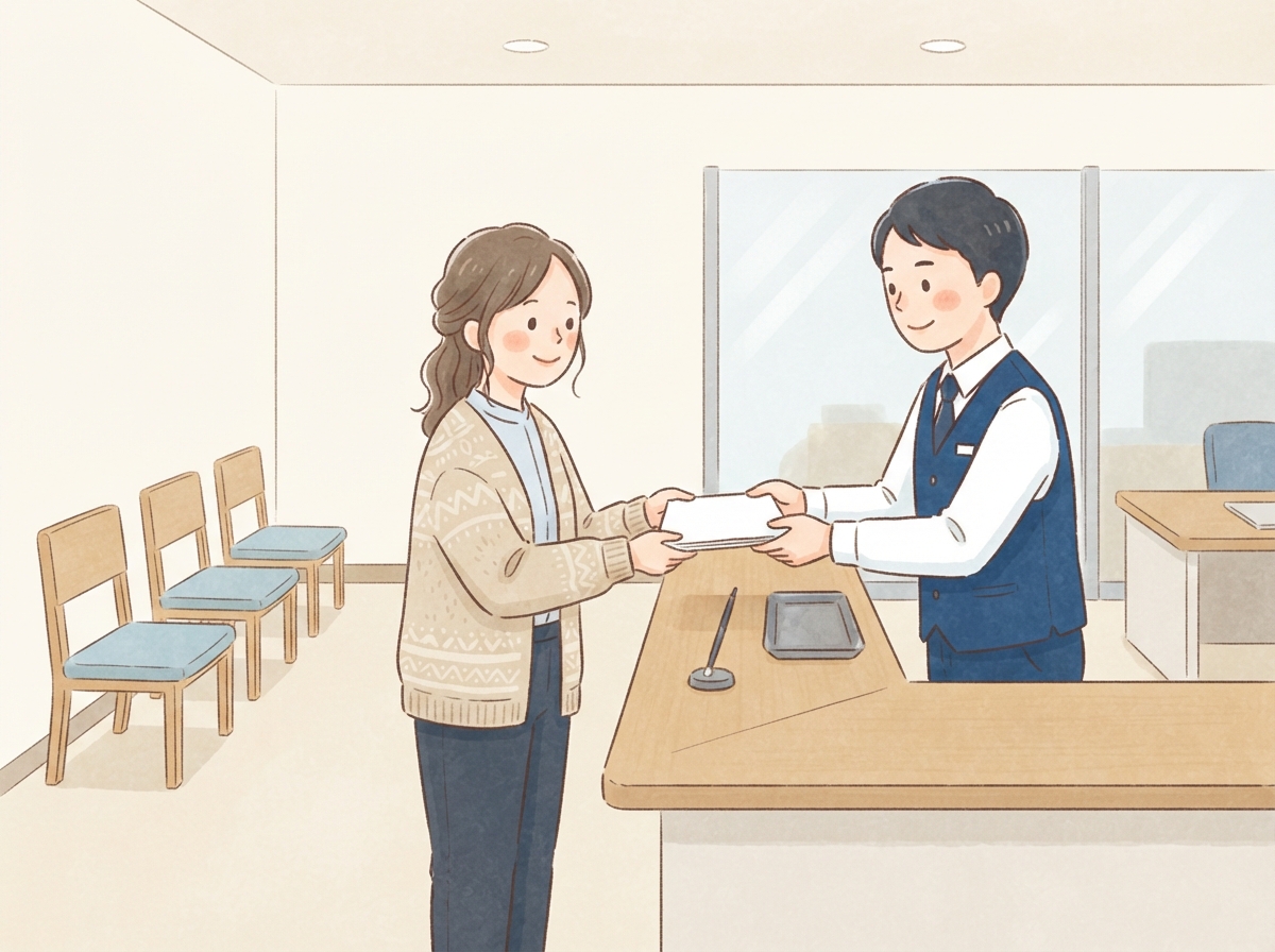 役所の窓口で、名義変更の書類を出している女性