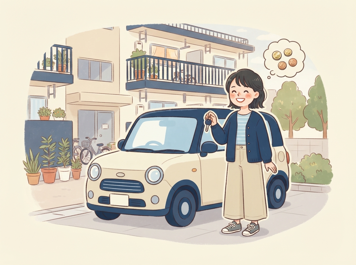 アパートの前で、軽自動車の鍵を手にして毎月のお金を考える女性