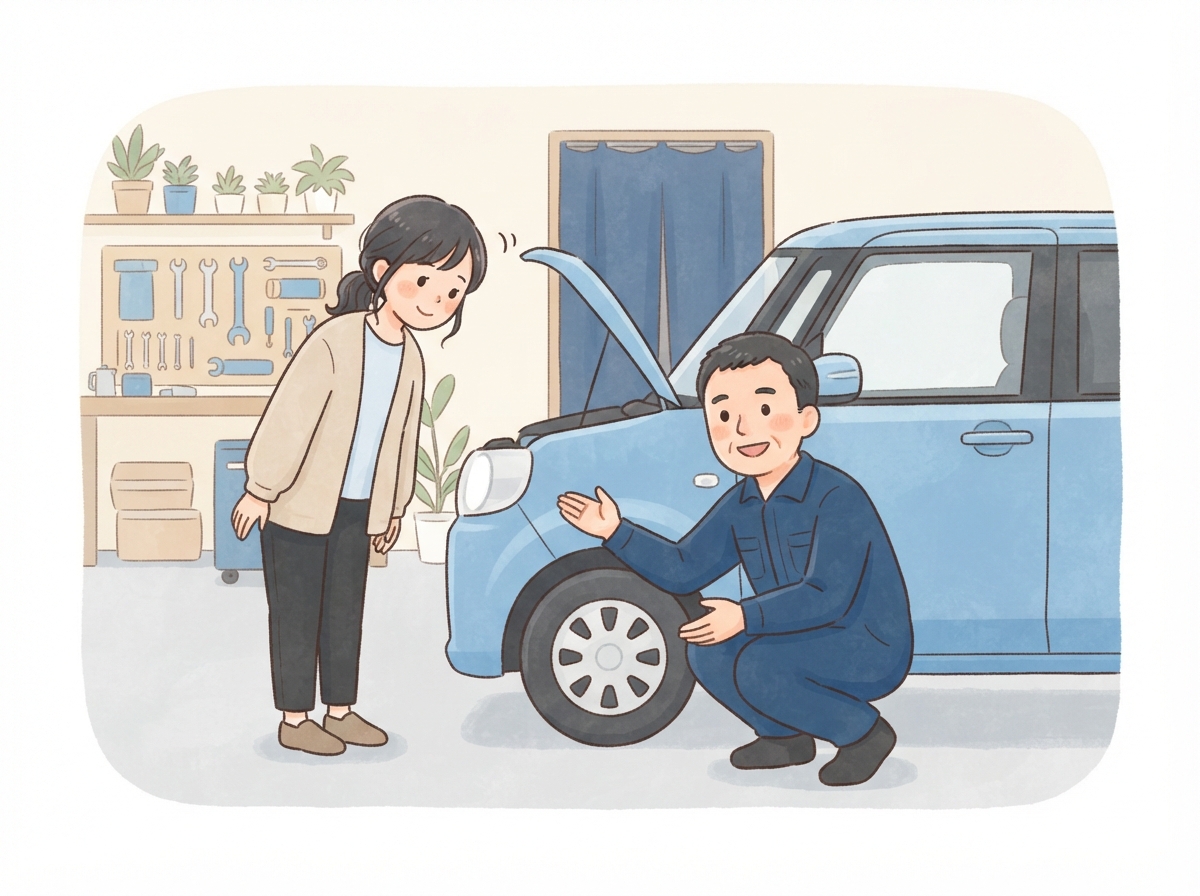 整備工場で、整備士から車検のときのタイヤや点検の説明を受ける女性