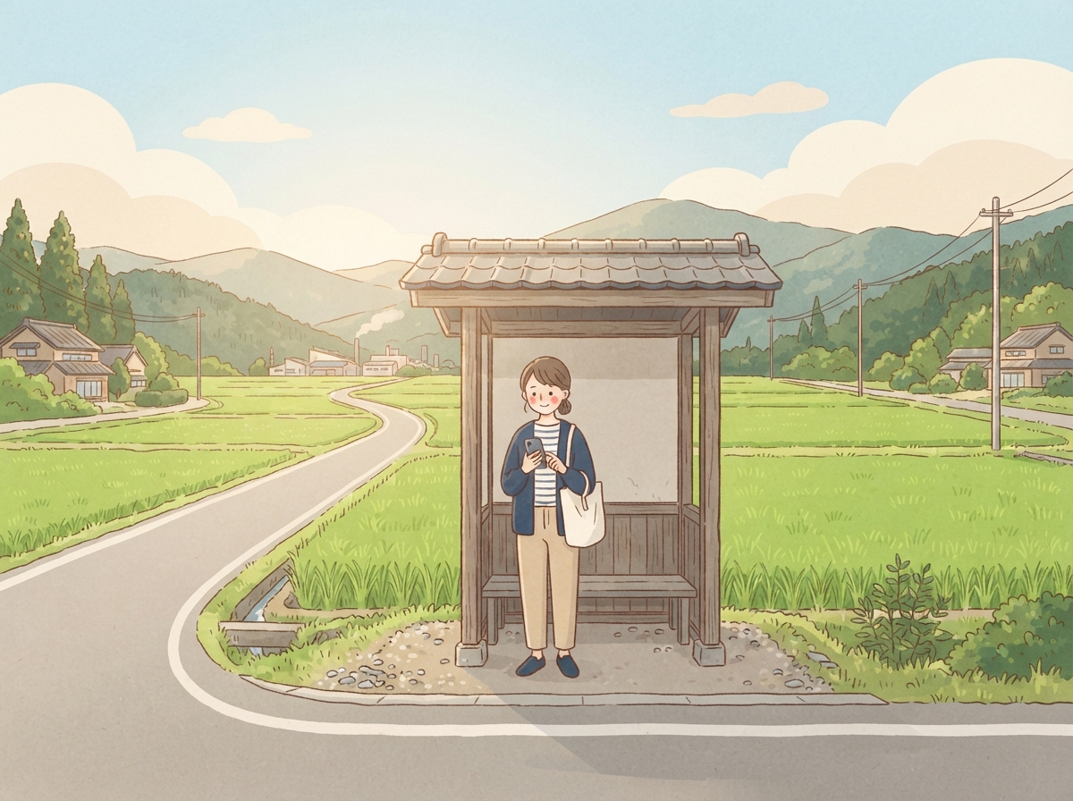 田んぼの中の小さなバス停。職場が遠く、バスや電車で通うのが難しい地方のようす