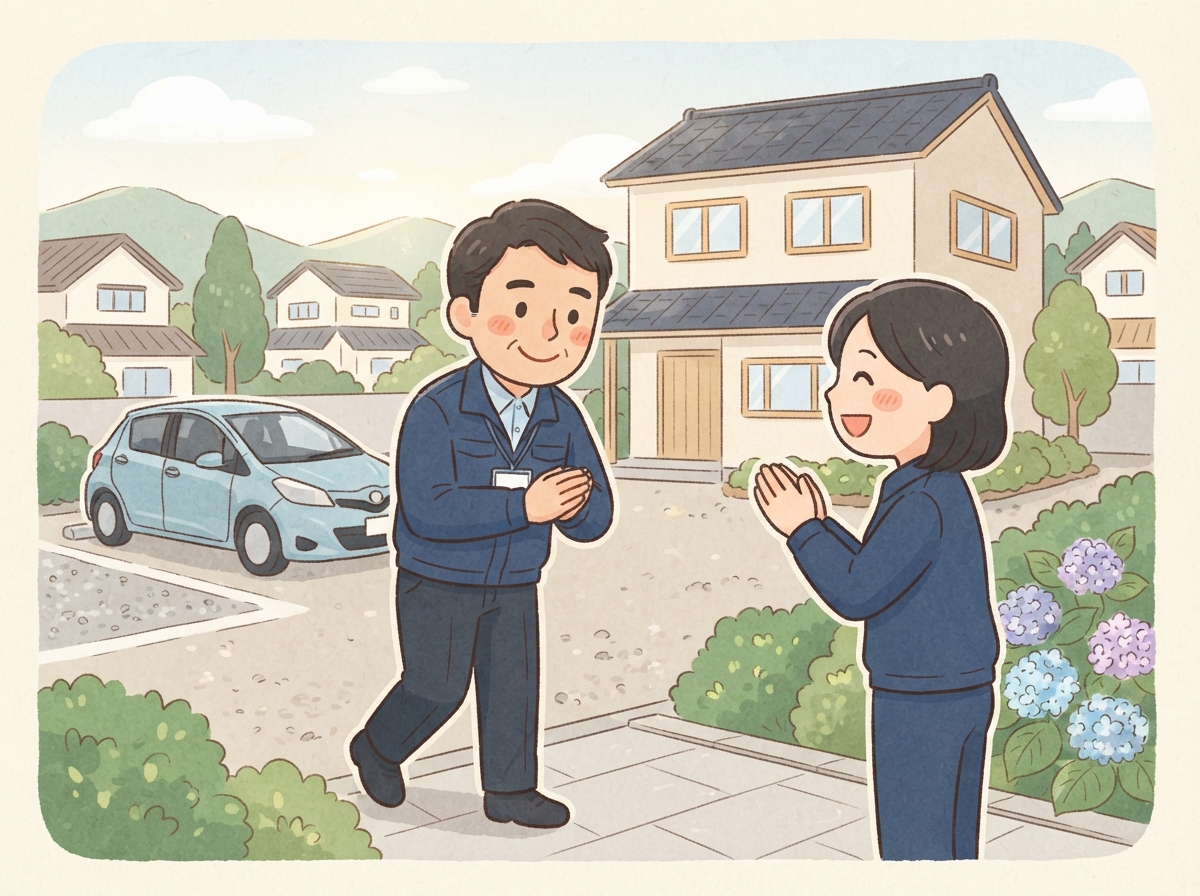 仕事が決まり、朝の職場で同僚とあいさつする男性。保護を抜けたあとの暮らしのイメージ