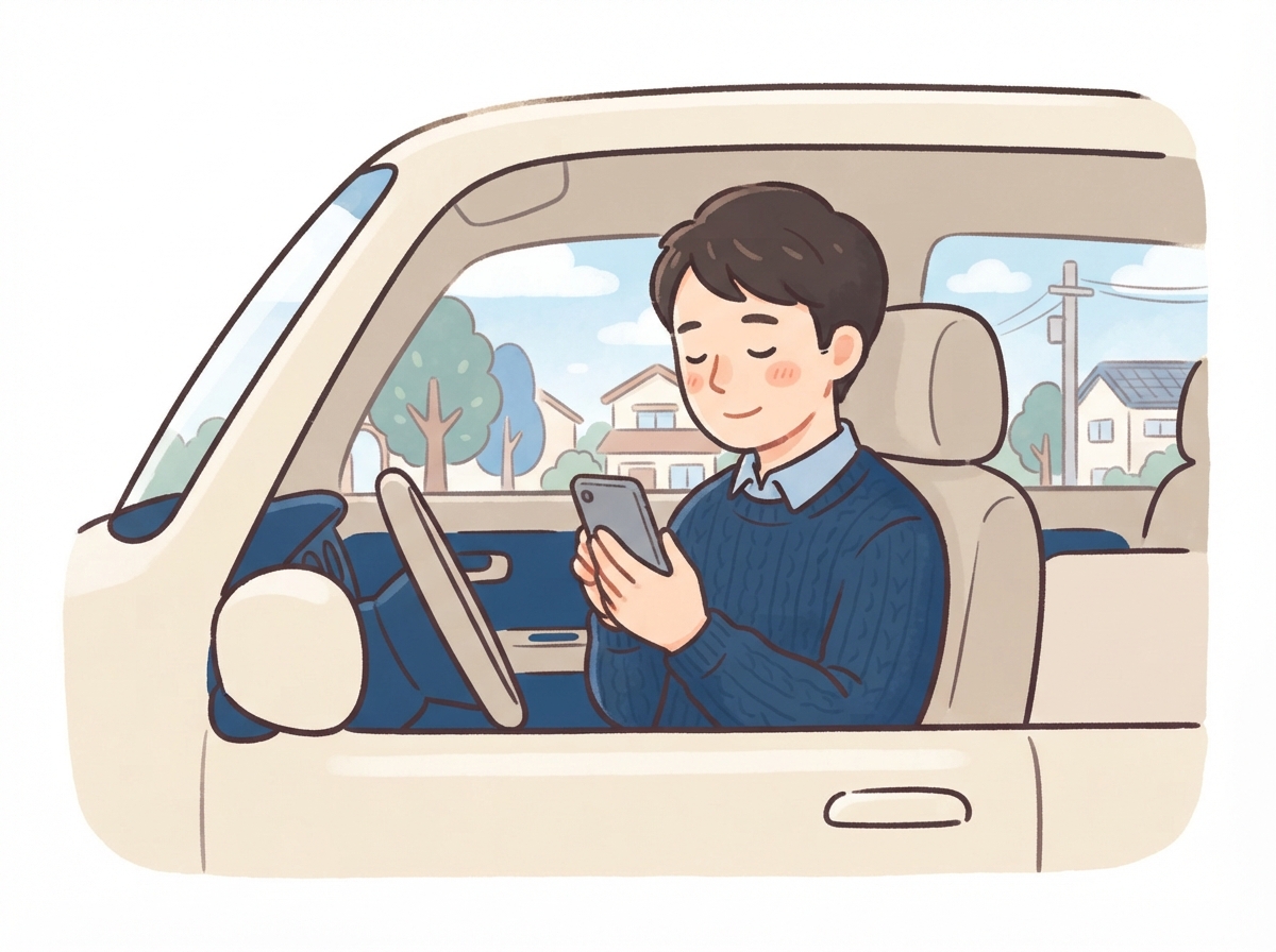 止めた車の中で、スマホを手に相談の電話をかけようとしている男性