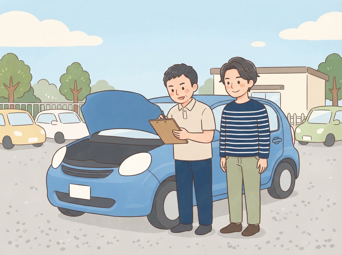 中古車の買取店で、スタッフが車を査定し、持ち主が説明を聞いている場面