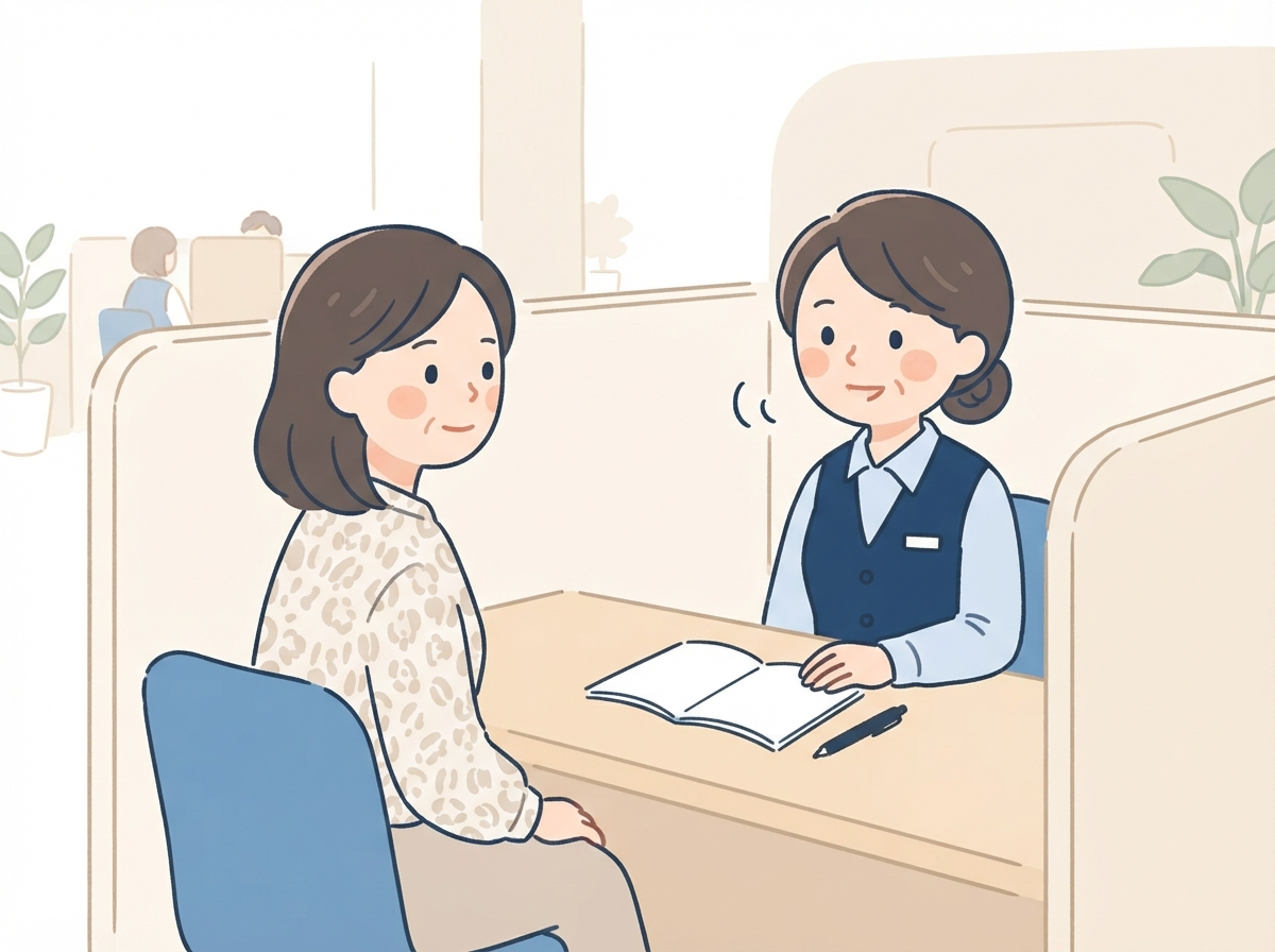 市役所の相談窓口で、職員に家計の悩みを落ち着いて話している女性