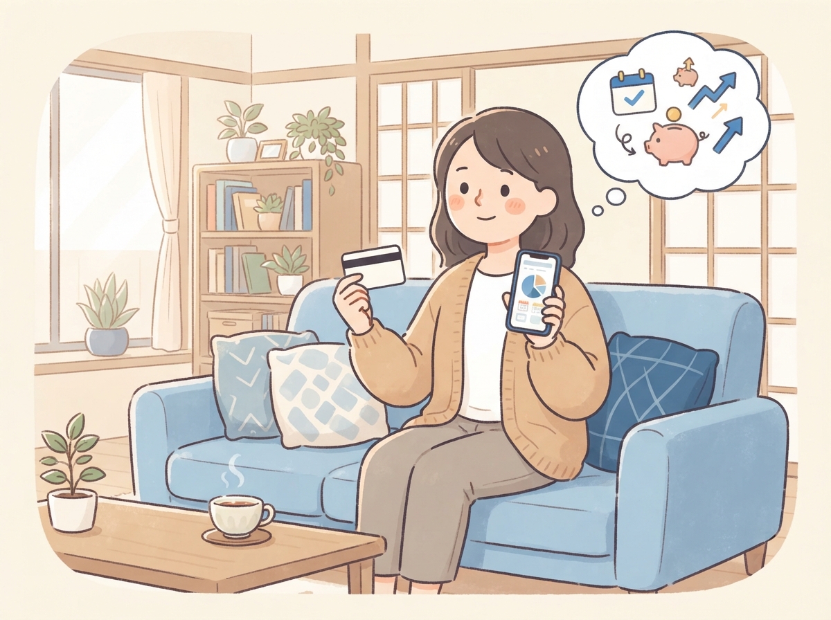 自宅で、カードとスマホを手に昔の支払いのことを思い返している女性