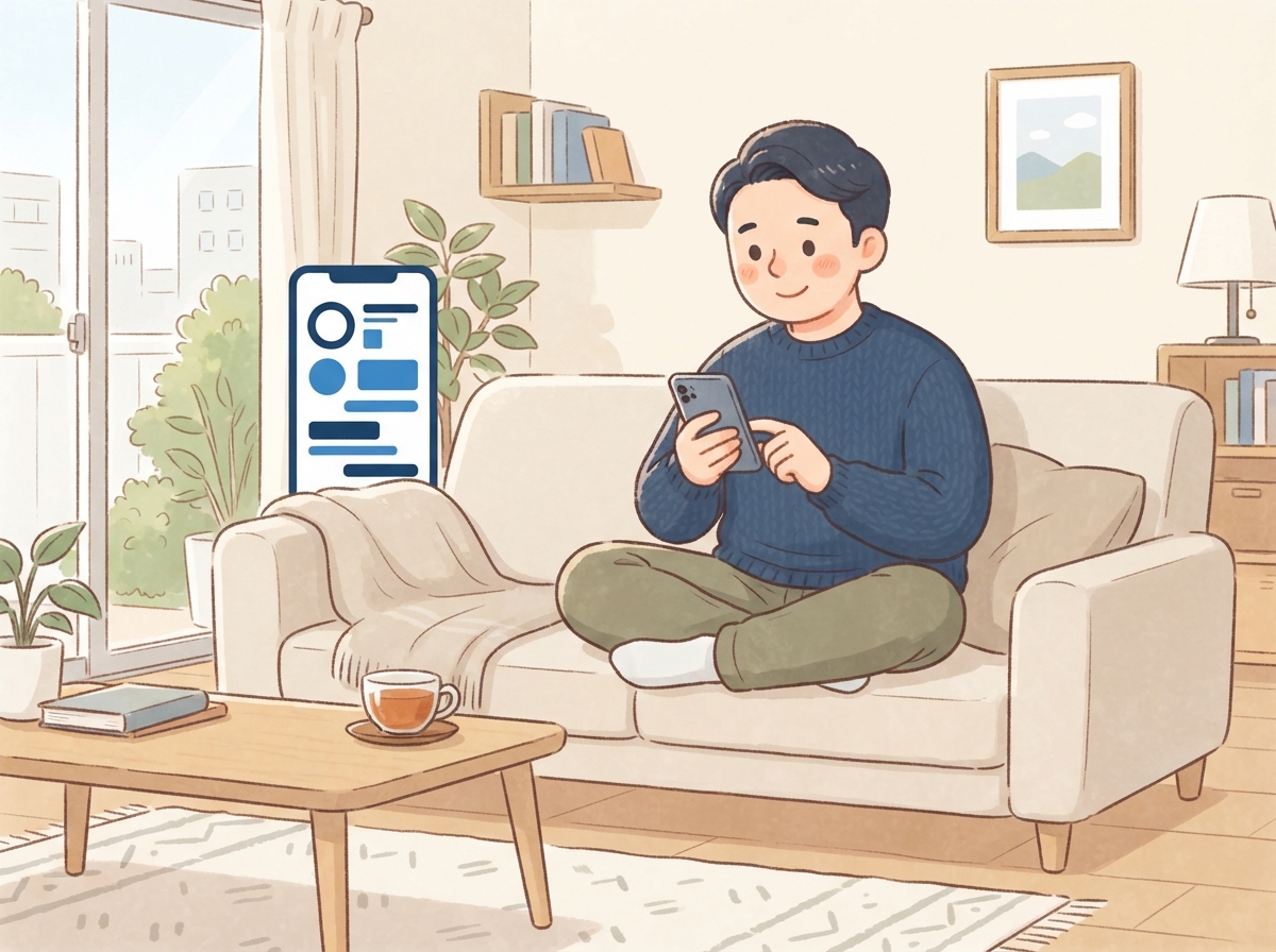 自宅でスマホから自分の信用情報を確かめている男性