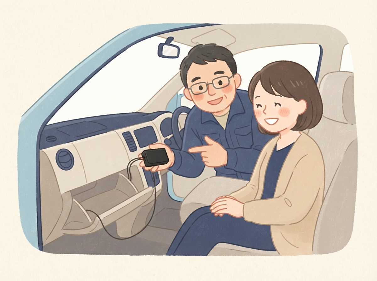 店の整備士が、車に付ける小さなGPSの装置をお客さんに見せている場面