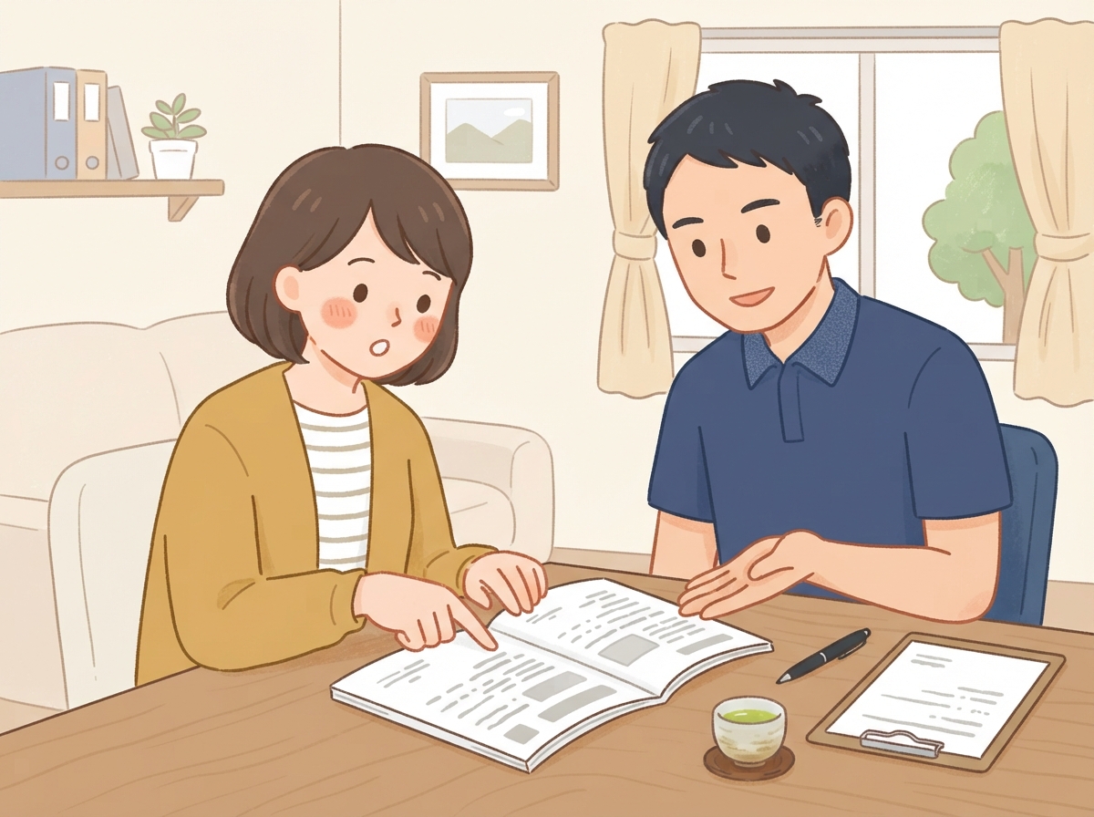契約の前に、契約書の中身をお店の人に確かめている女性