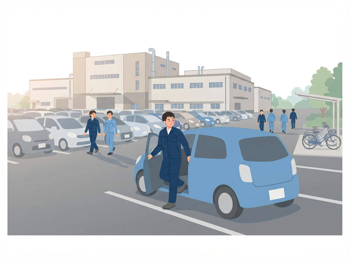 朝の工場の駐車場で、作業服の若い男性が小さな車から降り、ほかの人たちが工場へ歩いている