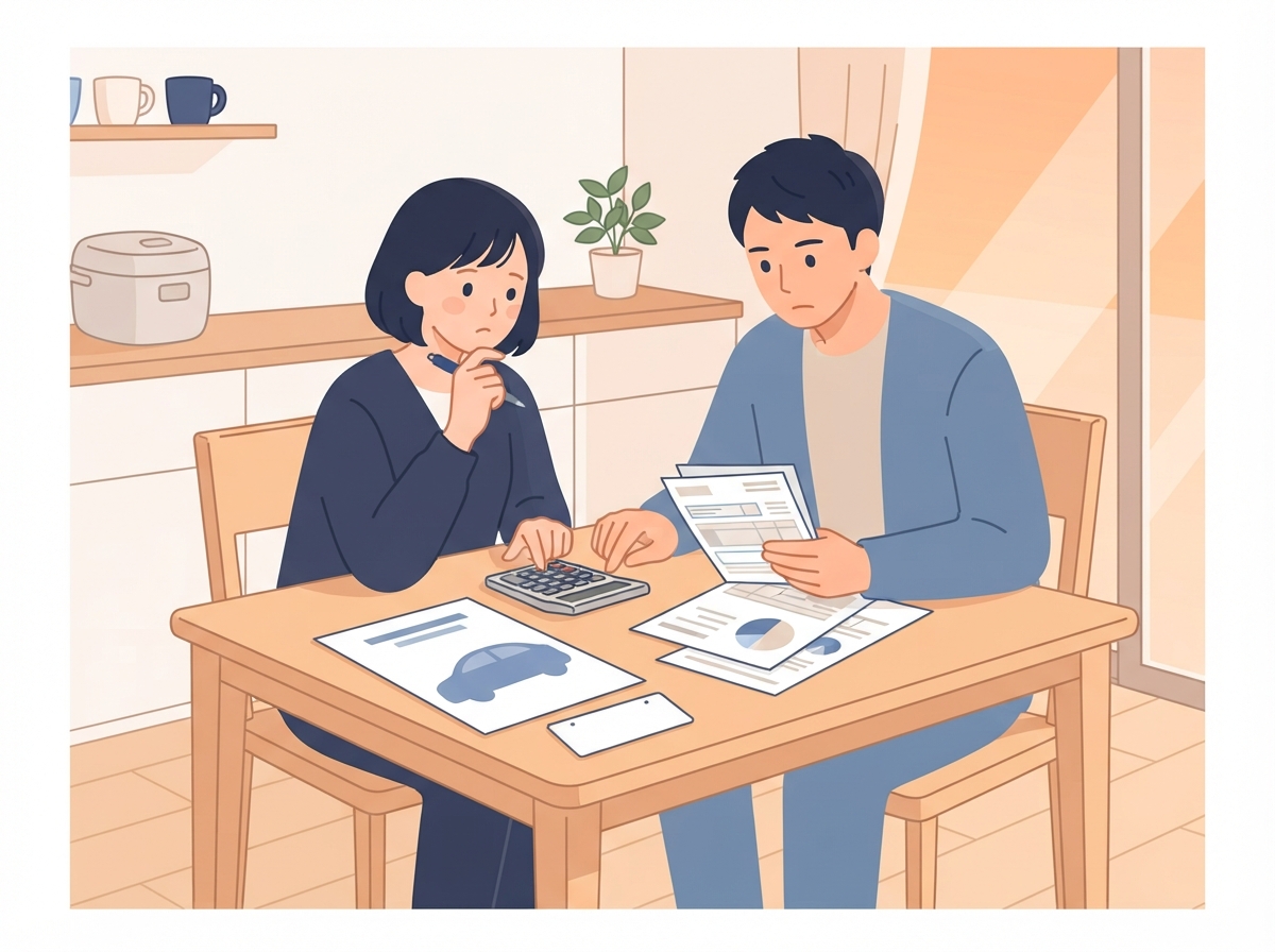 台所のテーブルで若い夫婦が電卓と家計の書類を広げ、車に回せる毎月のお金を計算している