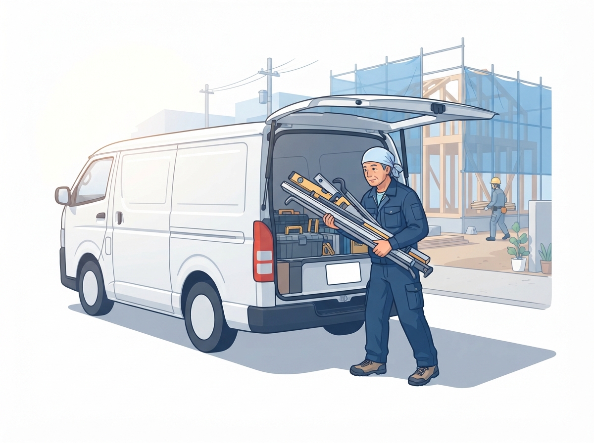工事現場で作業着の職人が白い商用バンの荷台に長い道具を積み込んでいる
