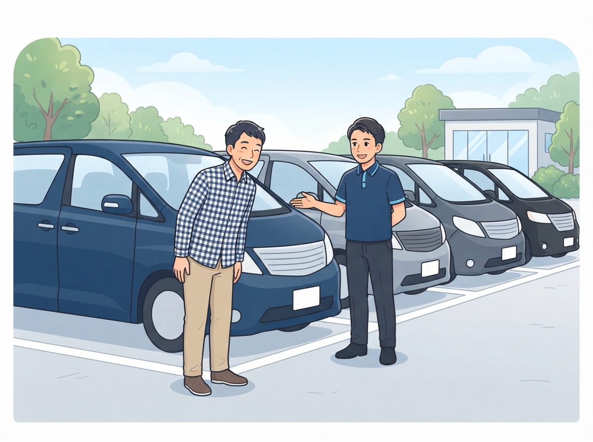 中古車店で並んだ大きなミニバンを店員と一緒に見る男性