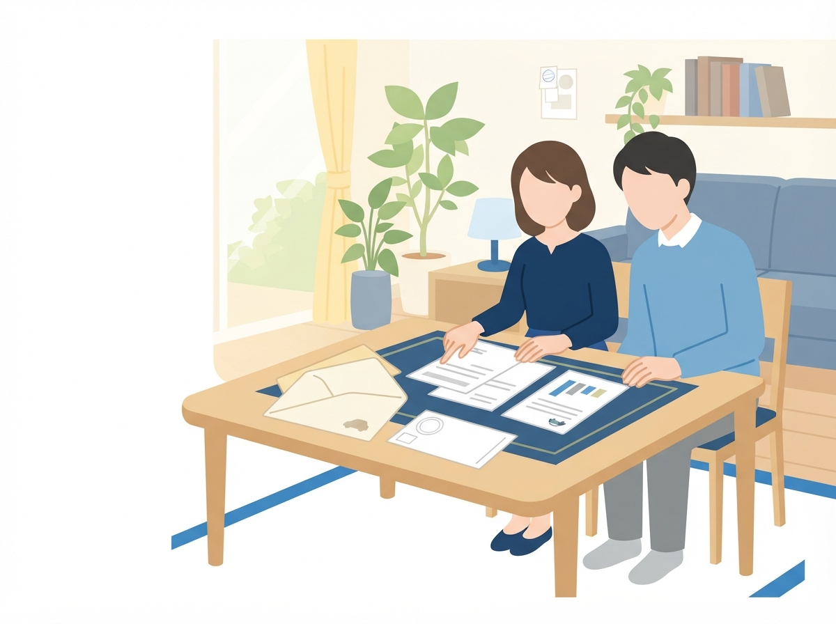 リビングのテーブルで、夫婦が自動車税の通知の封筒と車検の案内を前に、1年にかかる車のお金を話し合っている