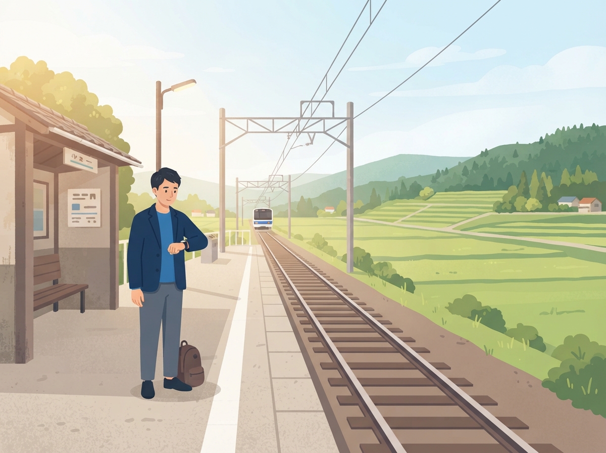 田園の中の小さな駅のホームで、男性がひとりで腕時計を見ながら電車を待っている