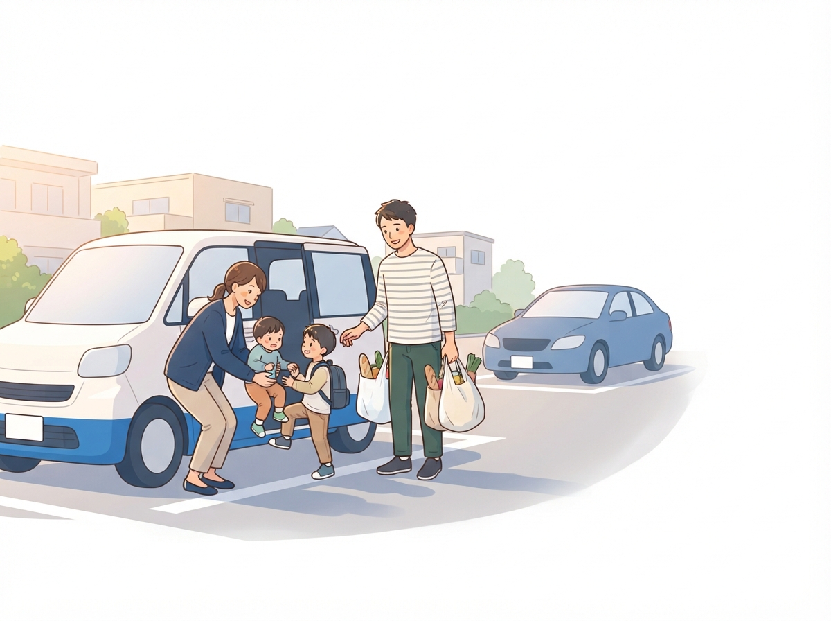 郊外の駐車場で母親が子ども2人をミニバンのスライドドアから乗せ、父親が買い物袋を運んでいる