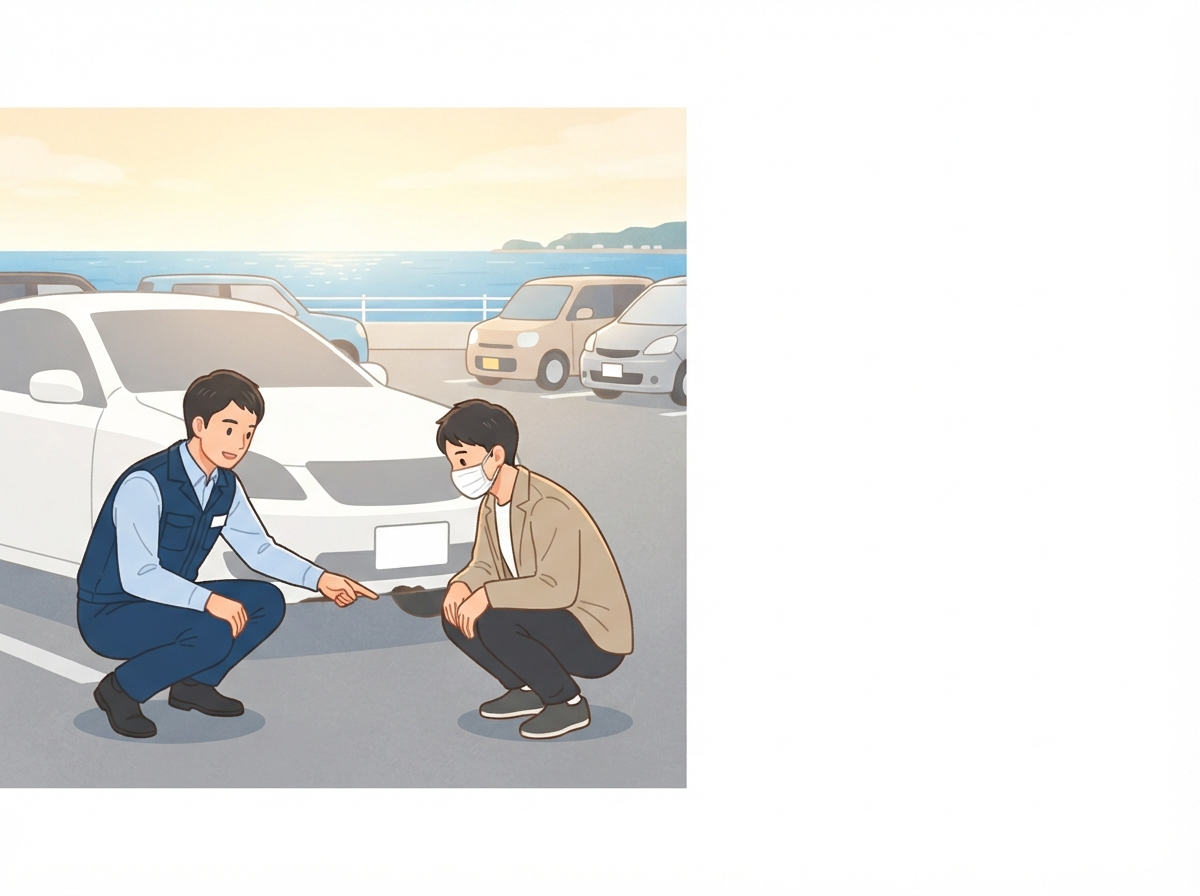 海の近くの中古車店でスタッフと男性がしゃがみ、車の下回りのさびを確かめている