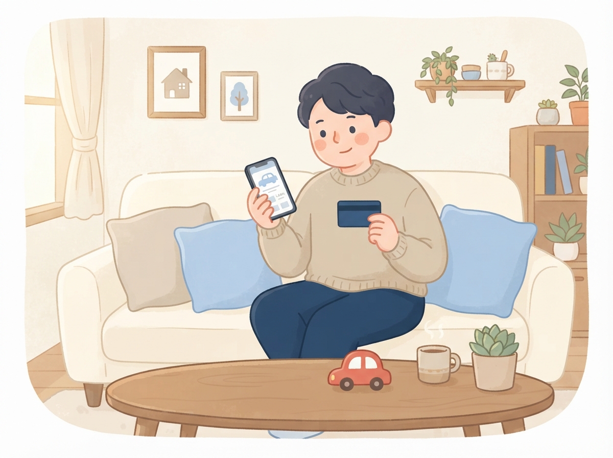 家のソファで、スマホと昔のカードを手に、車のローンを組めるか考えている男性