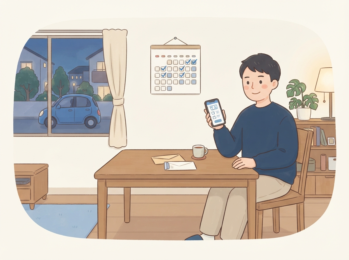 夜、家でスマホから毎月の支払いを期日どおりに済ませている男性