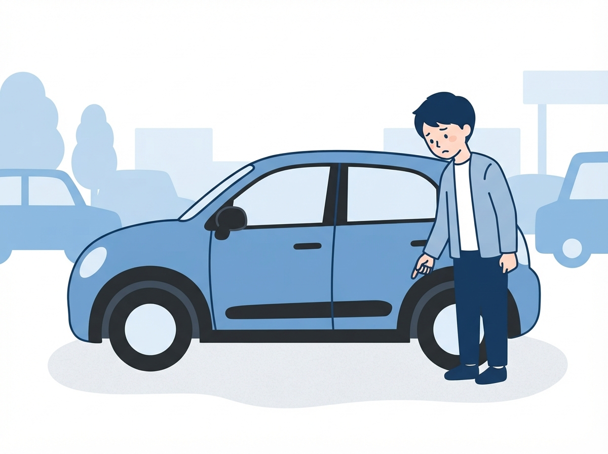 中古車店で小さめのSUVのタイヤの周りの黒い部品を見ている男性のイラスト