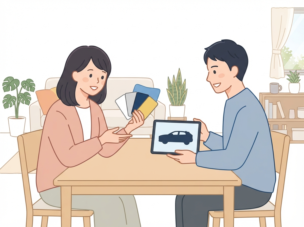 家のテーブルで色の見本を見ながらSUVの色を選ぶ夫婦のイラスト