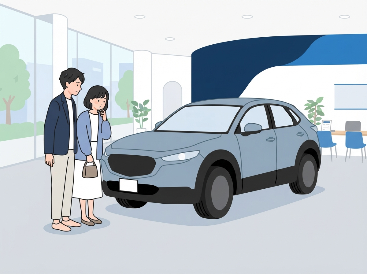 黒い樹脂パーツが付いた小さめのSUVを見て考える男女のイラスト