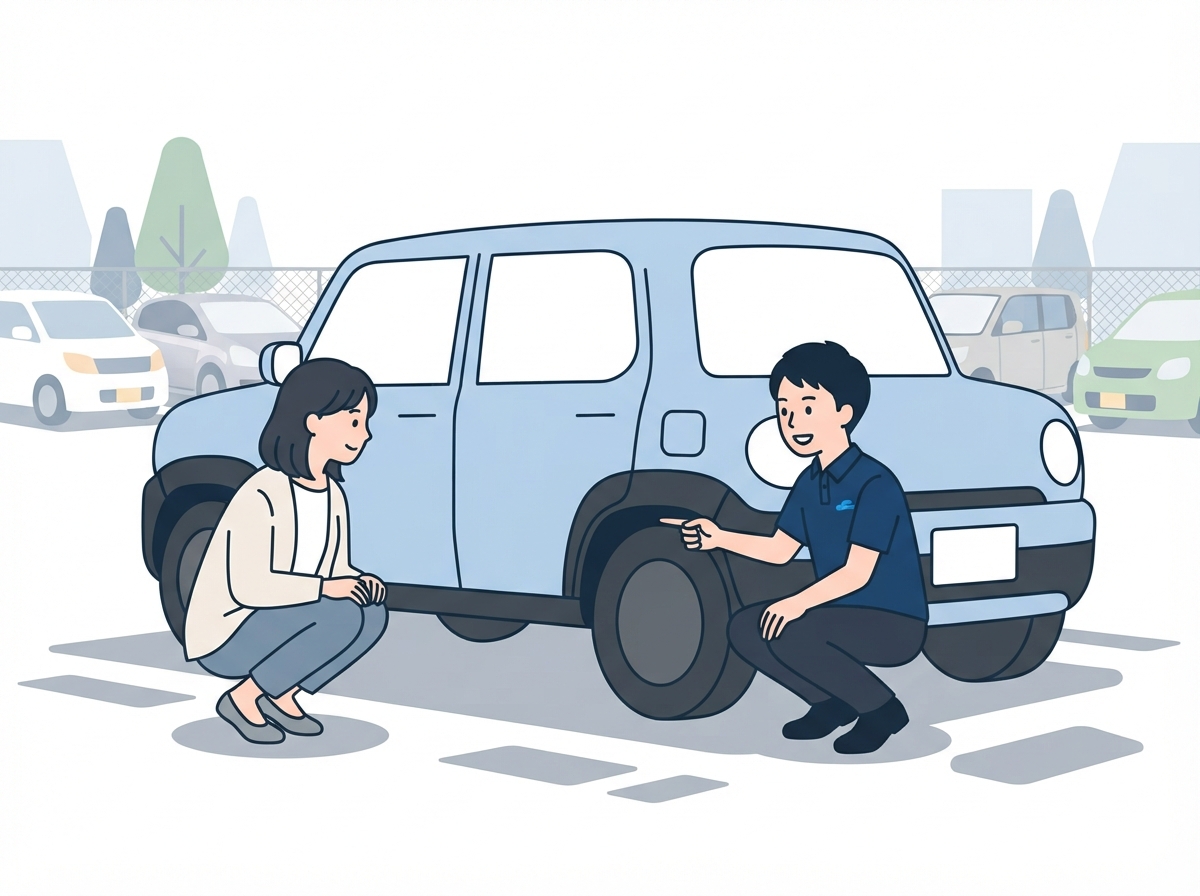 中古車店で店員がタイヤまわりの黒い部分を指して説明するイラスト