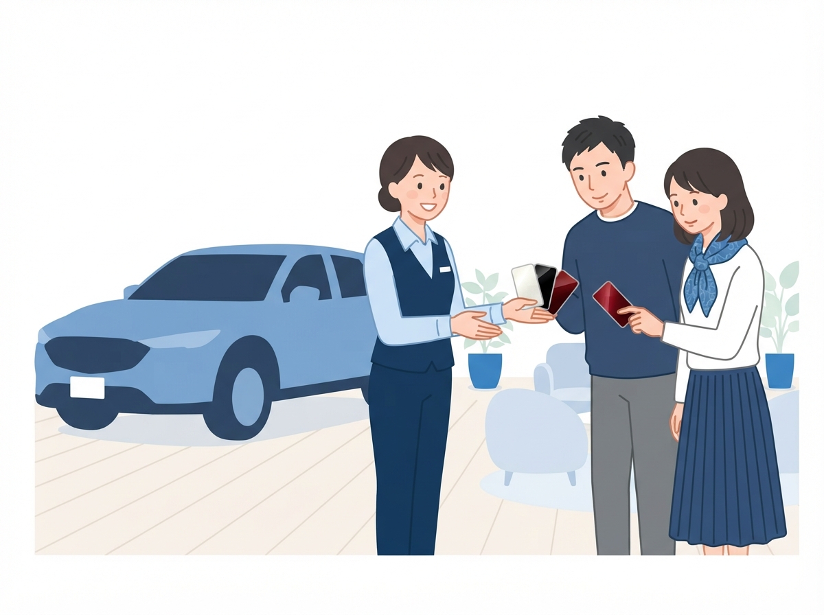 お店の人から白・黒・赤の色見本を見せてもらい、SUVの色を選ぶ夫婦のイラスト