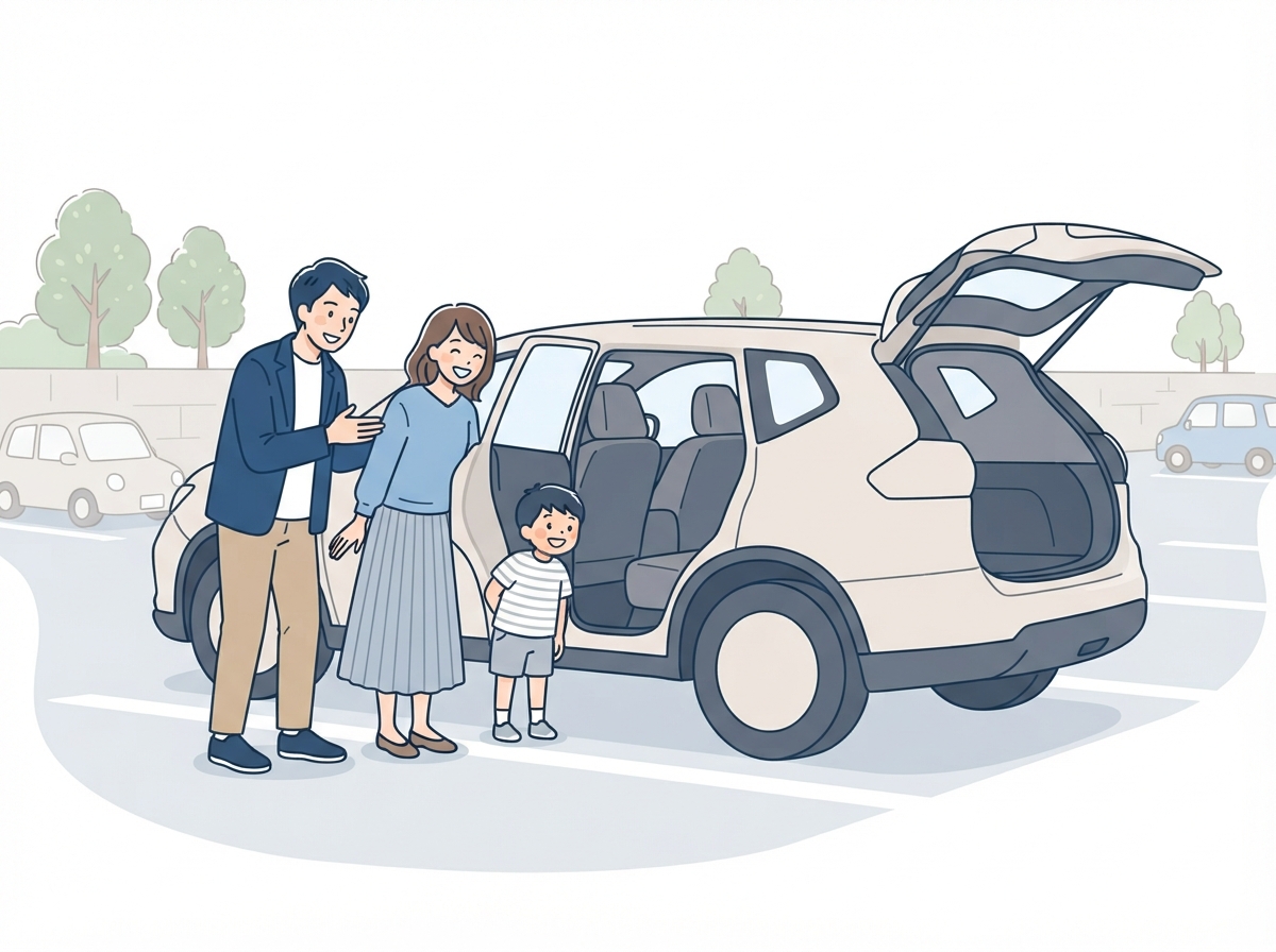 駐車場でSUVの後ろの席と荷室を確かめる家族のイラスト