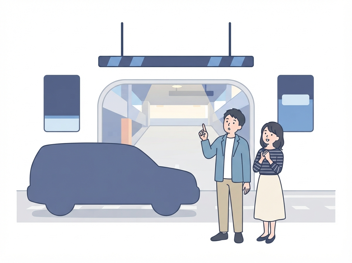 立体駐車場の入口で高さ制限のバーを見上げる夫婦と大きなSUV
